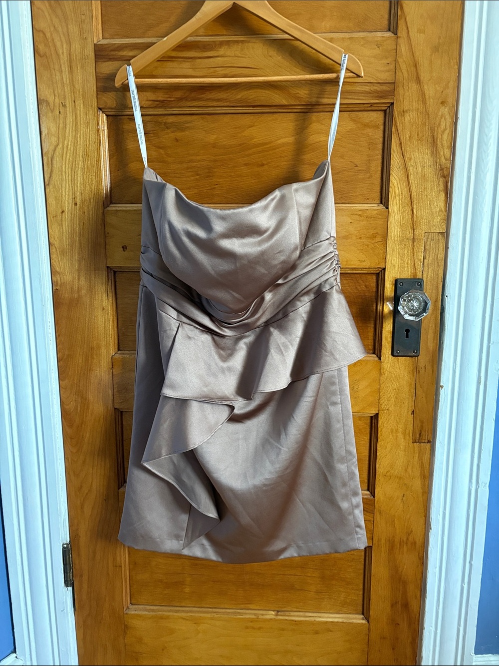 David's Bridal Taupe Satin Cowl Mini Dress